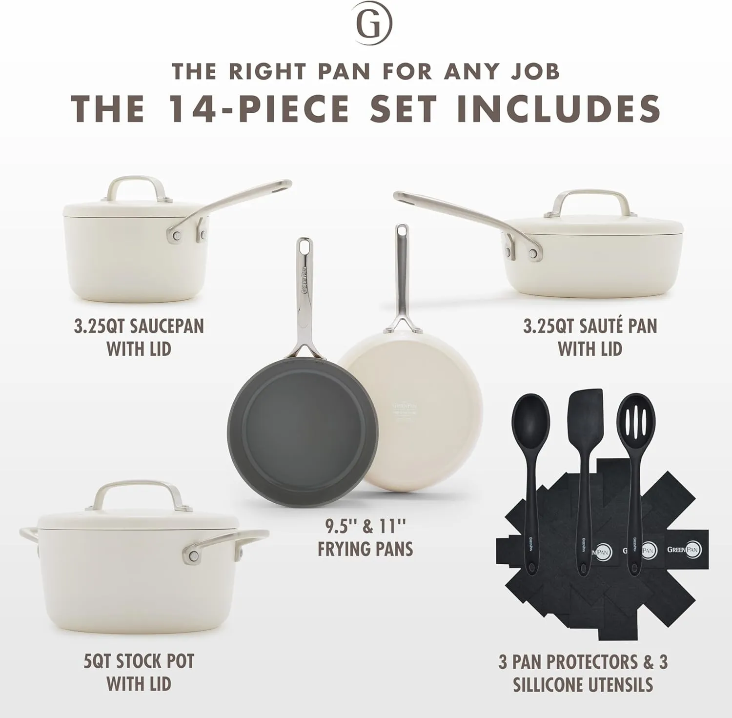 GreenPan GP5 Hard Anodized Healthy Ceramic Nonstick 14 Piece Cookware Pots and Pans Set,Heavy Gauge Scratch Resistant,Stay-Flat Surface, Induction, Mirror Finish Handle,Oven Safe,PFAS-Free,Cream