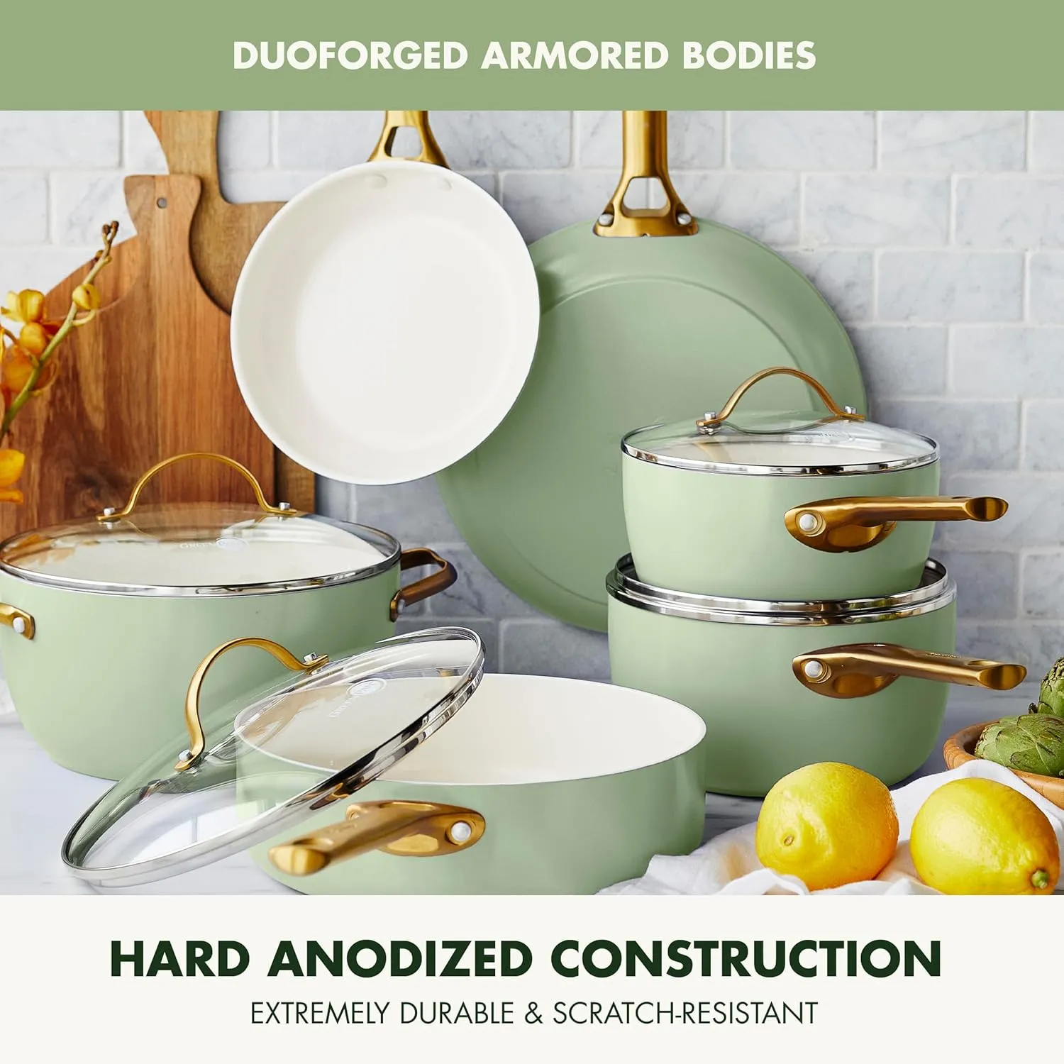 GreenPan Reserve Hard Anodized Healthy Ceramic Nonstick 10 Piece Cookware Pots and Pans Set, Gold-Tone Stainless Steel Handles, PFAS & PFOA-Free, Dishwasher Safe, Oven & Broiler Safe, Sage Green