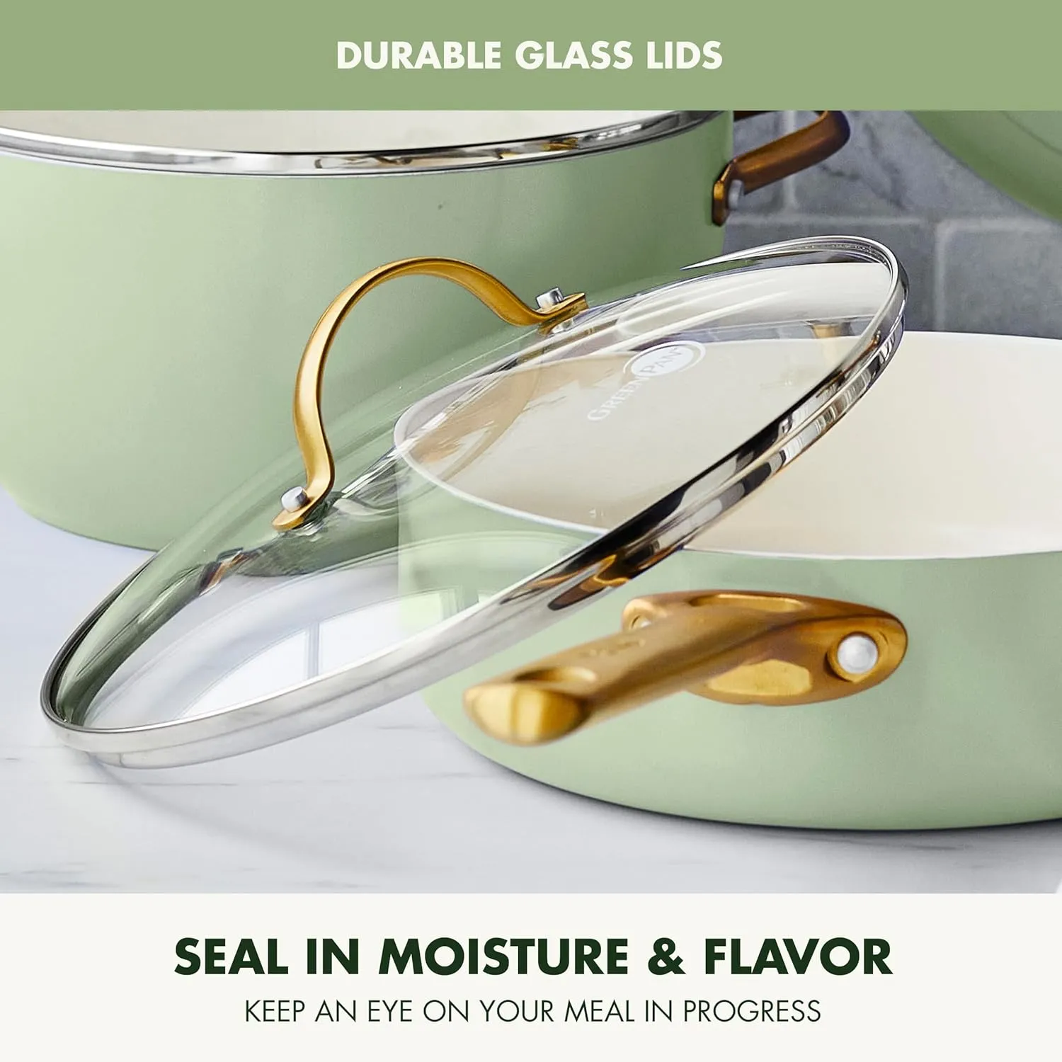GreenPan Reserve Hard Anodized Healthy Ceramic Nonstick 10 Piece Cookware Pots and Pans Set, Gold-Tone Stainless Steel Handles, PFAS & PFOA-Free, Dishwasher Safe, Oven & Broiler Safe, Sage Green
