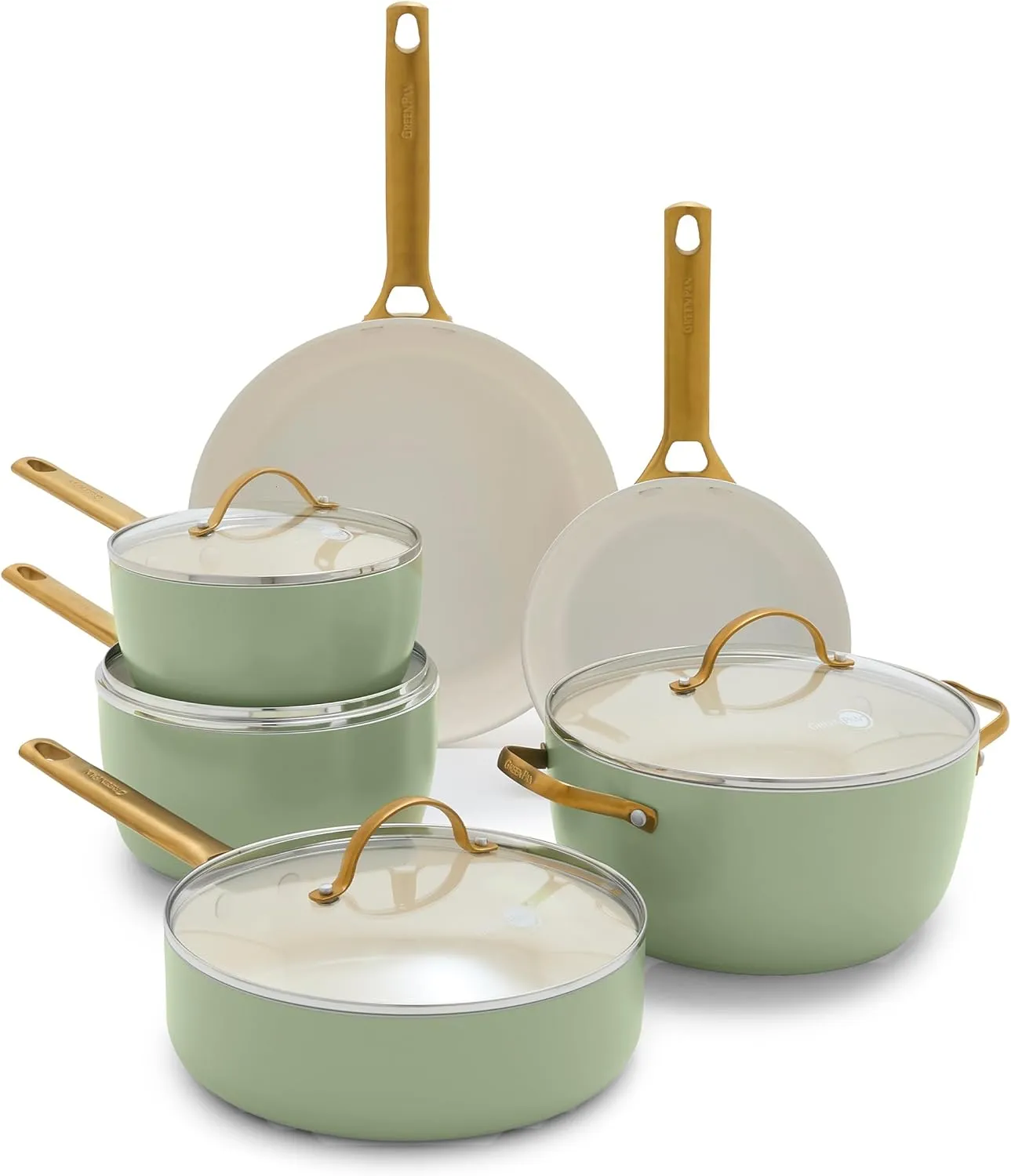 GreenPan Reserve Hard Anodized Healthy Ceramic Nonstick 10 Piece Cookware Pots and Pans Set, Gold-Tone Stainless Steel Handles, PFAS & PFOA-Free, Dishwasher Safe, Oven & Broiler Safe, Sage Green