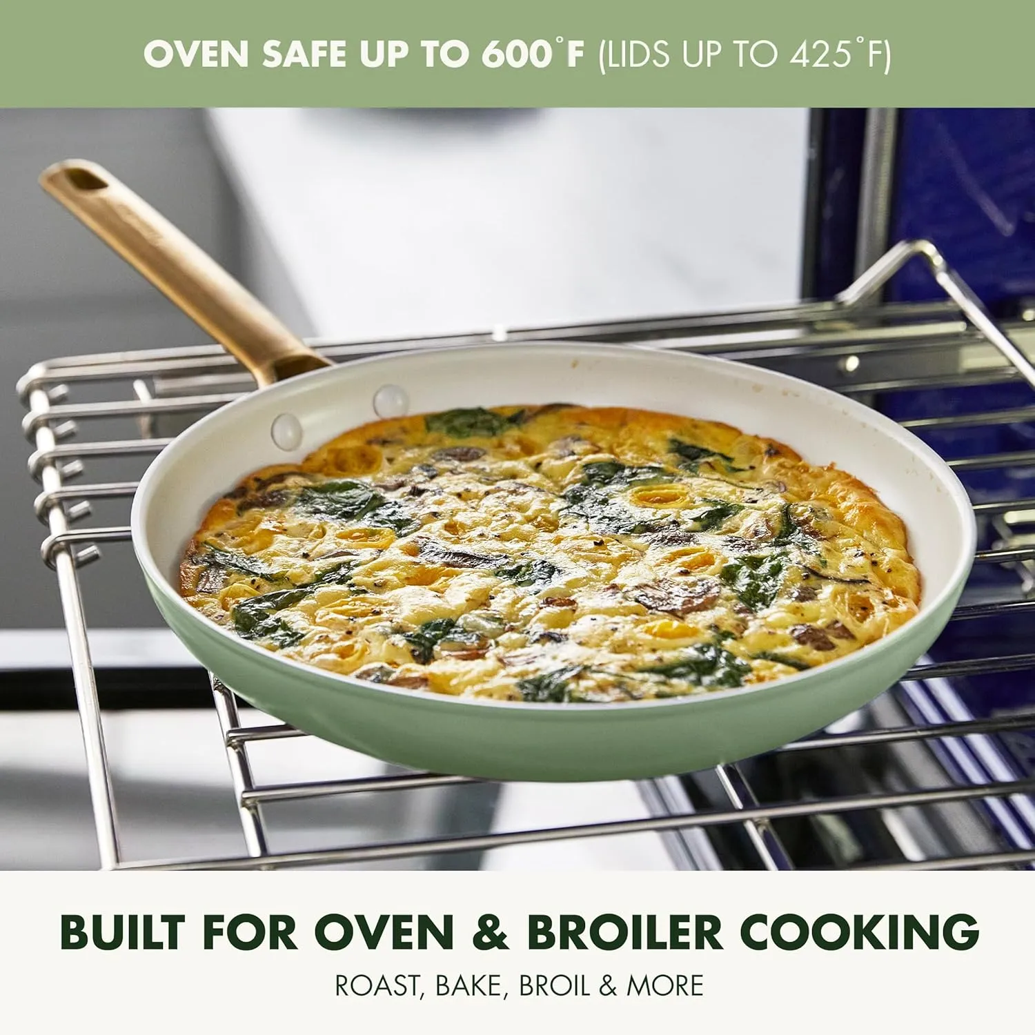 GreenPan Reserve Hard Anodized Healthy Ceramic Nonstick 10 Piece Cookware Pots and Pans Set, Gold-Tone Stainless Steel Handles, PFAS & PFOA-Free, Dishwasher Safe, Oven & Broiler Safe, Sage Green