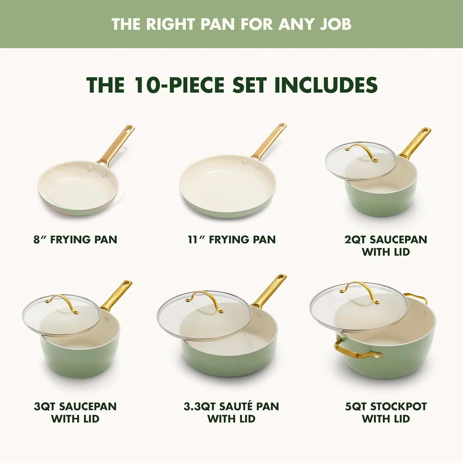 GreenPan Reserve Hard Anodized Healthy Ceramic Nonstick 10 Piece Cookware Pots and Pans Set, Gold-Tone Stainless Steel Handles, PFAS & PFOA-Free, Dishwasher Safe, Oven & Broiler Safe, Sage Green