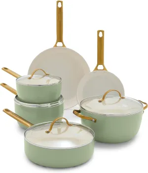 GreenPan Reserve Hard Anodized Healthy Ceramic Nonstick 10 Piece Cookware Pots and Pans Set, Gold-Tone Stainless Steel Handles, PFAS & PFOA-Free, Dishwasher Safe, Oven & Broiler Safe, Sage Green