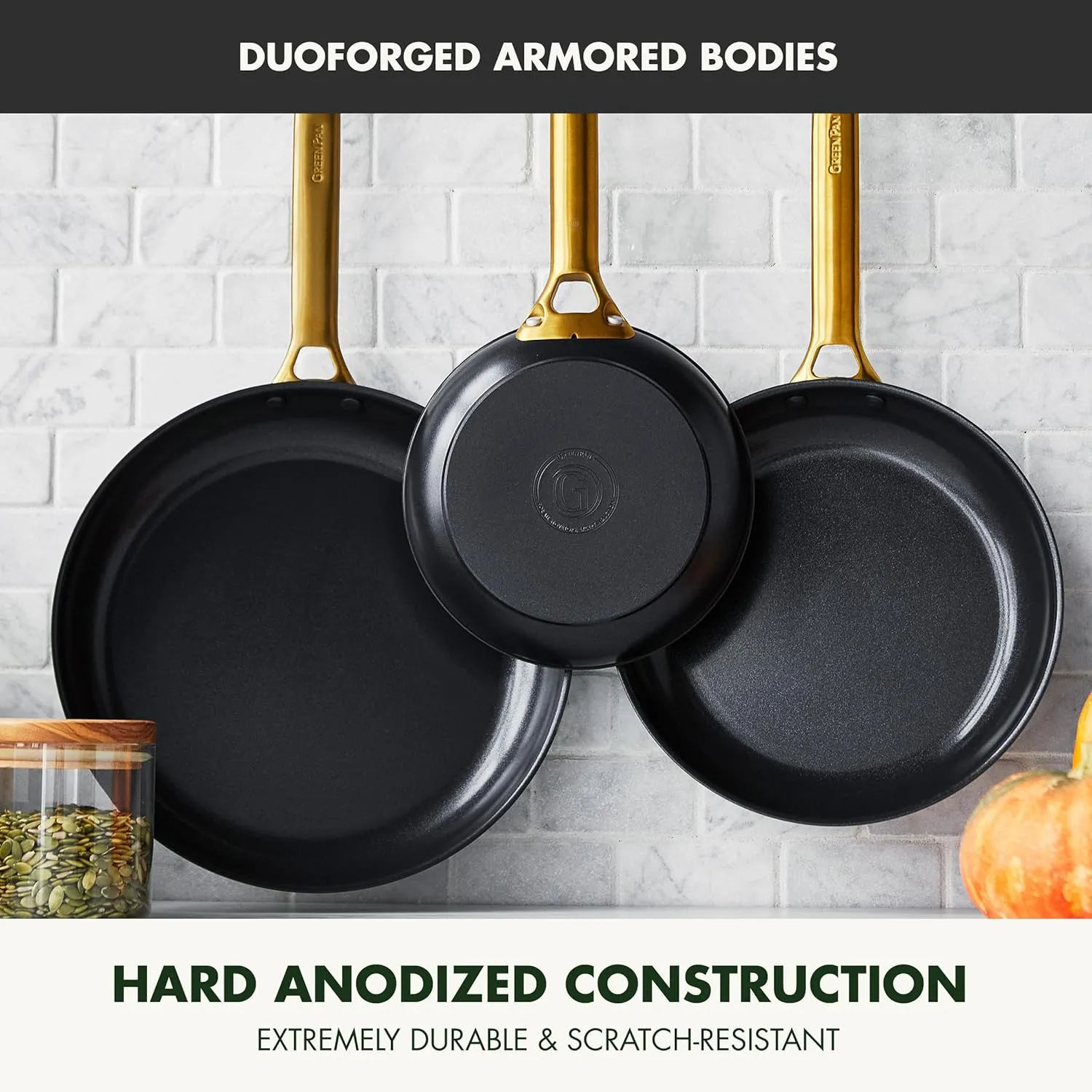 GreenPan Reserve Hard Anodized Healthy Ceramic Nonstick, 8" 10" and 12" 3 Piece Frying Pan Skillet Set, Gold Handle, PFAS-Free, Dishwasher Safe, Oven Safe, Black