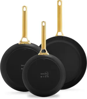 GreenPan Reserve Hard Anodized Healthy Ceramic Nonstick, 8" 10" and 12" 3 Piece Frying Pan Skillet Set, Gold Handle, PFAS-Free, Dishwasher Safe, Oven Safe, Black