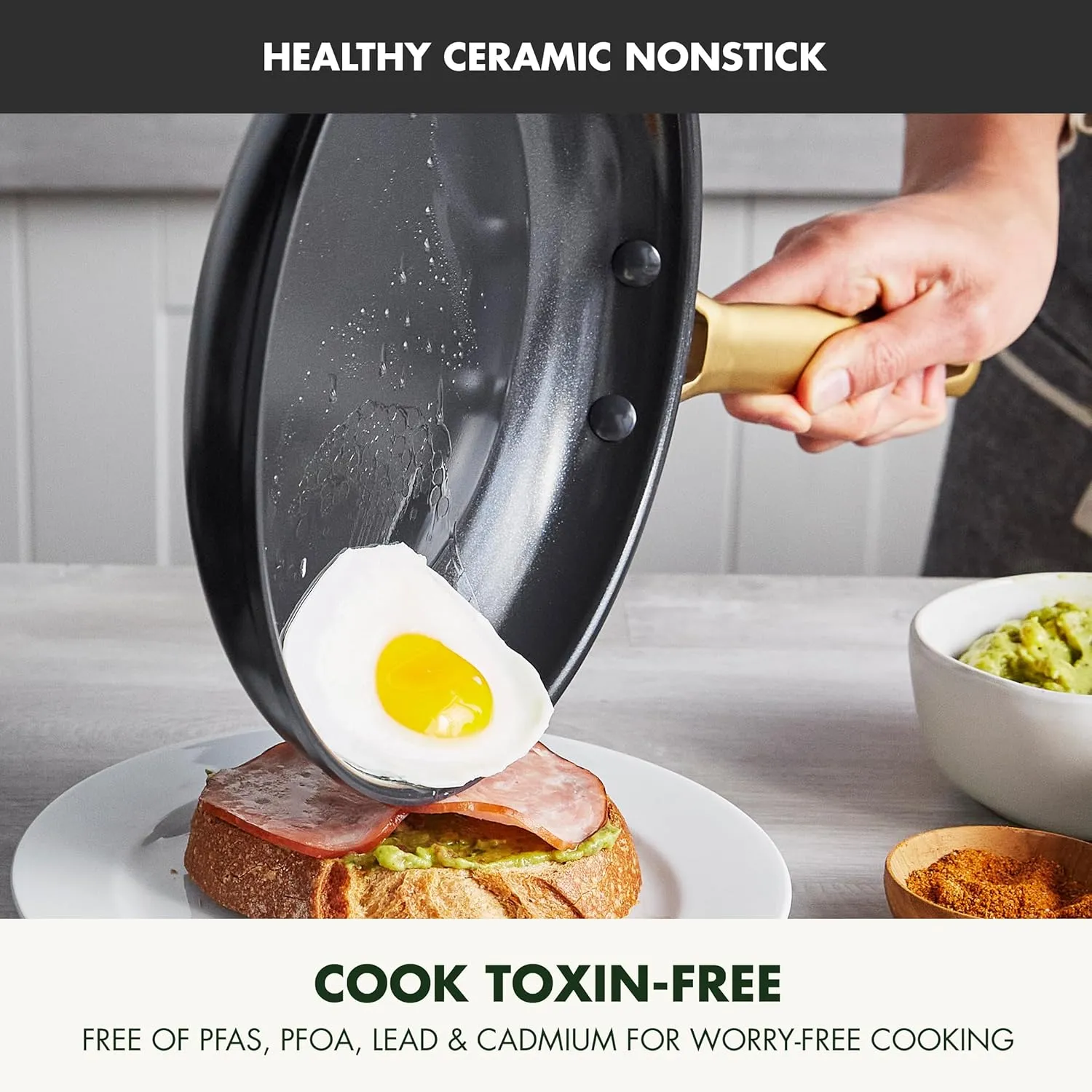 GreenPan Reserve Hard Anodized Healthy Ceramic Nonstick, 8" 10" and 12" 3 Piece Frying Pan Skillet Set, Gold Handle, PFAS-Free, Dishwasher Safe, Oven Safe, Black