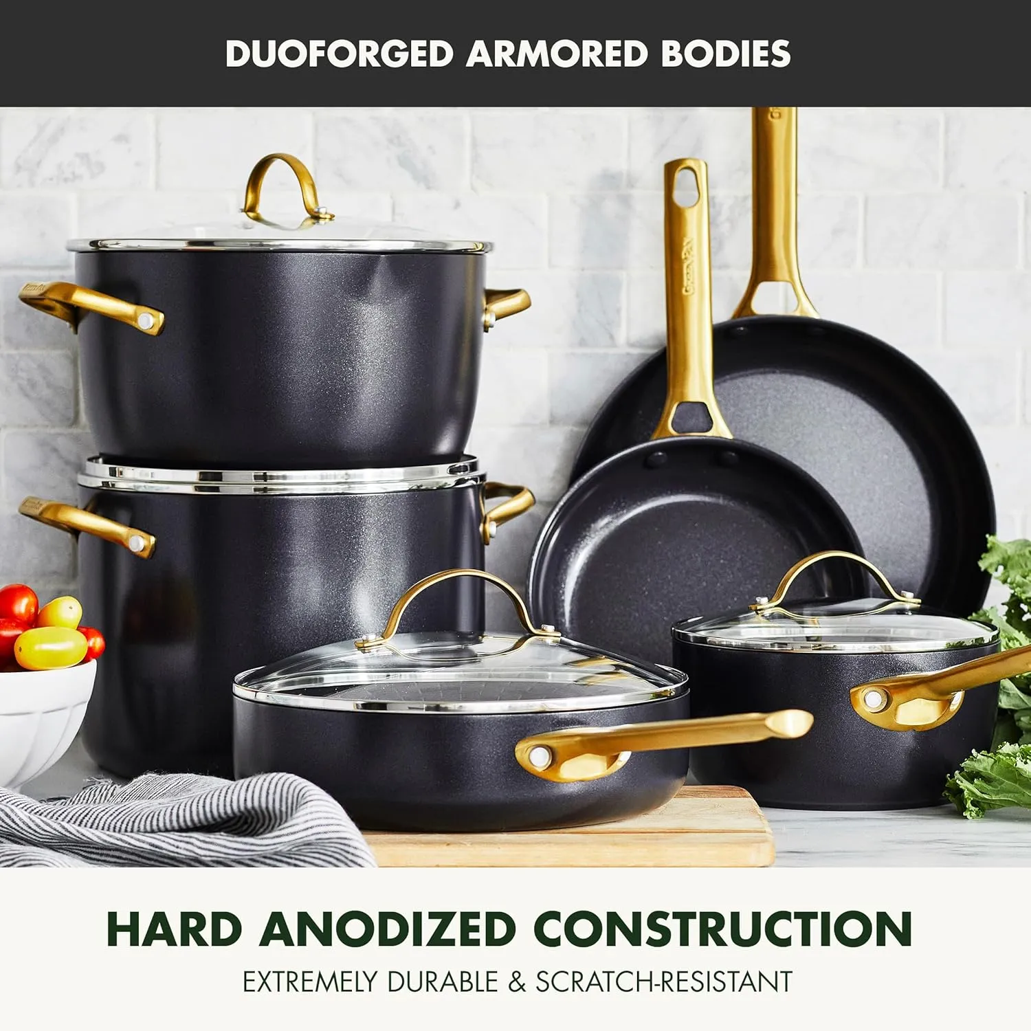 GreenPan Reserve Hard Anodized Healthy Ceramic Nonstick 8" and 10" Frying Pan Skillet Set, Gold Handle, PFAS-Free, Dishwasher Safe, Oven Safe, Black