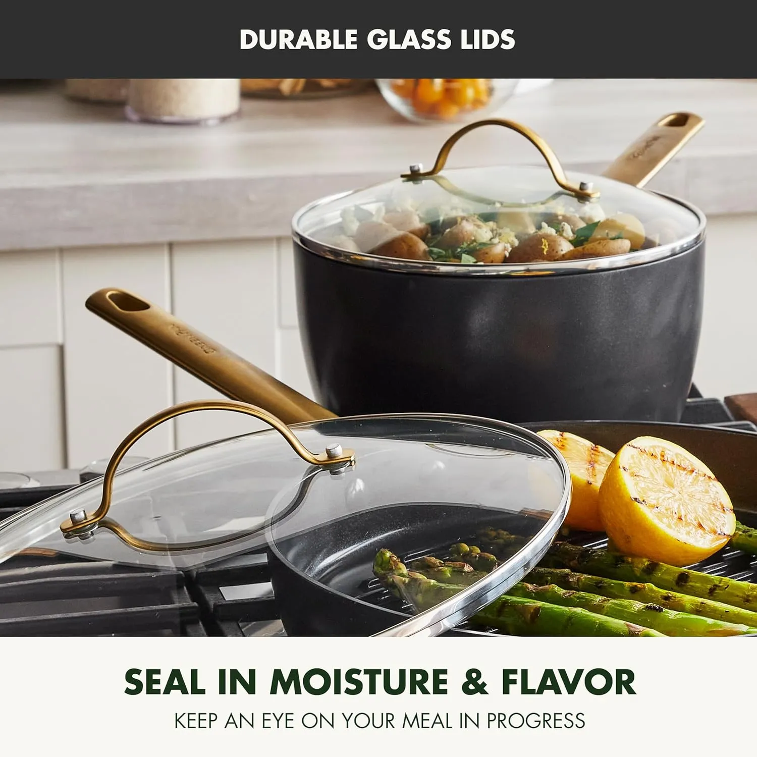 GreenPan Reserve Hard Anodized Healthy Ceramic Nonstick 8" and 10" Frying Pan Skillet Set, Gold Handle, PFAS-Free, Dishwasher Safe, Oven Safe, Black