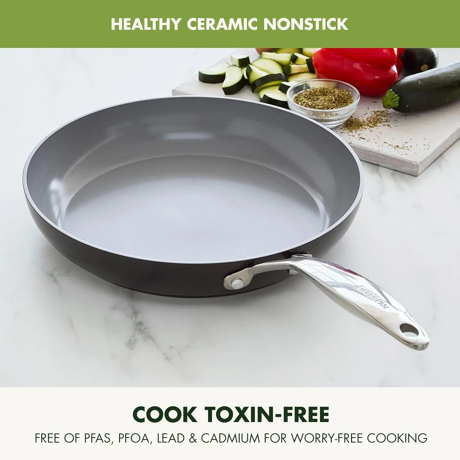 GreenPan Valencia Pro 12" Skillet, PFOA and PFAS-Free, Healthy Ceramic Nonstick: Hard Anodized Pan for Non-Toxic Cooking Induction & Dishwasher Safe Oven-Safe to 600°F Easy Clean, Gray