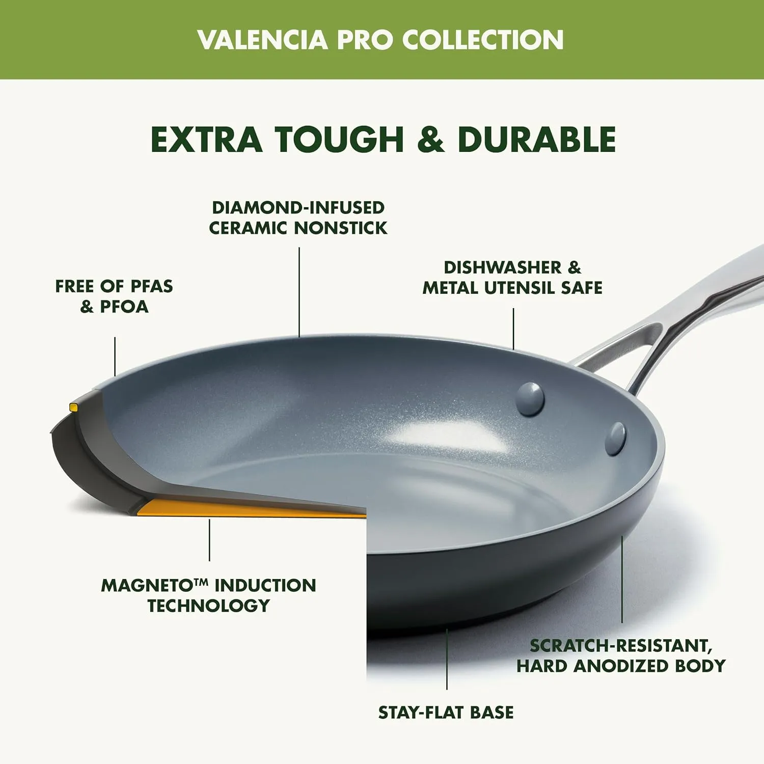 GreenPan Valencia Pro 12" Skillet, PFOA and PFAS-Free, Healthy Ceramic Nonstick: Hard Anodized Pan for Non-Toxic Cooking Induction & Dishwasher Safe Oven-Safe to 600°F Easy Clean, Gray