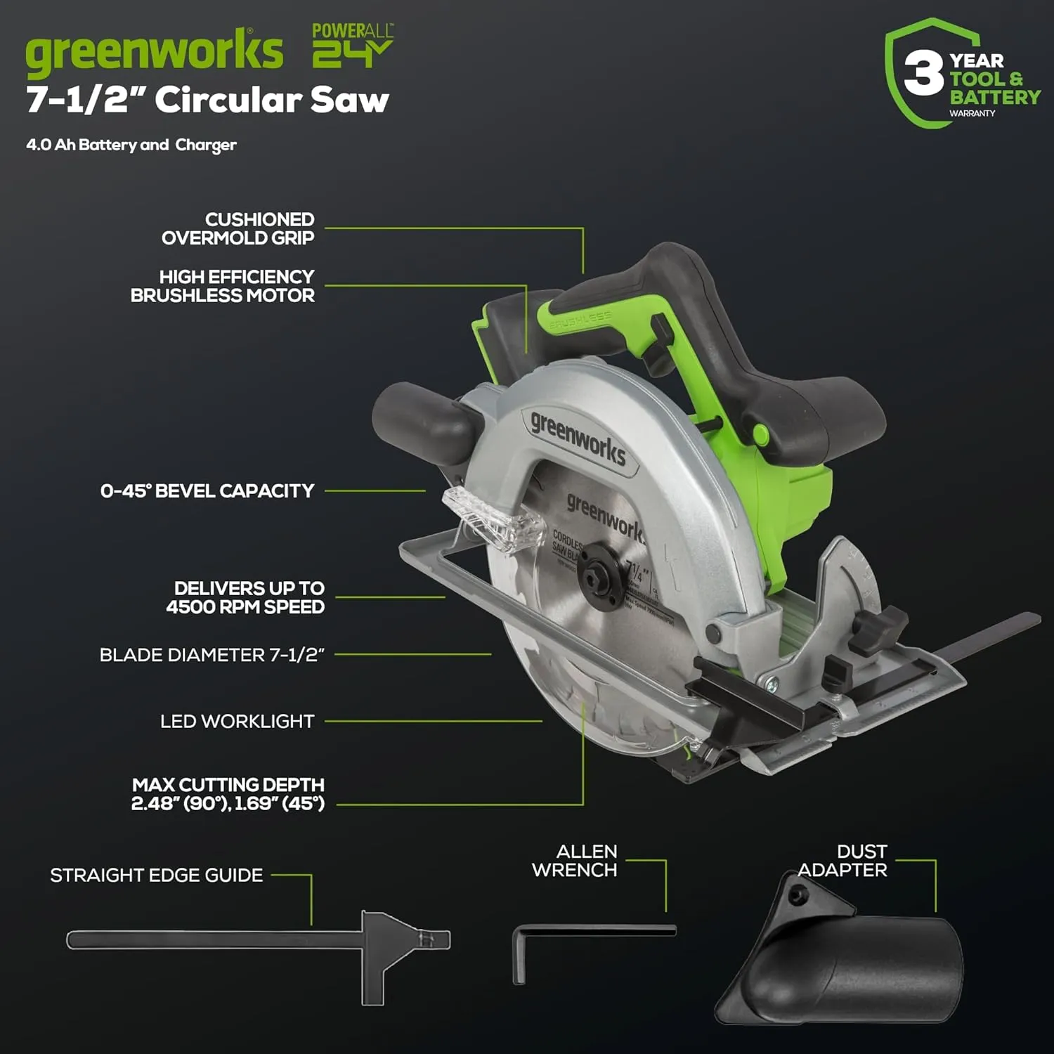 Greenworks 24V 7-1/4'' Circular Saw Brushless Cordless, with 4Ah Battery and 2A Charger