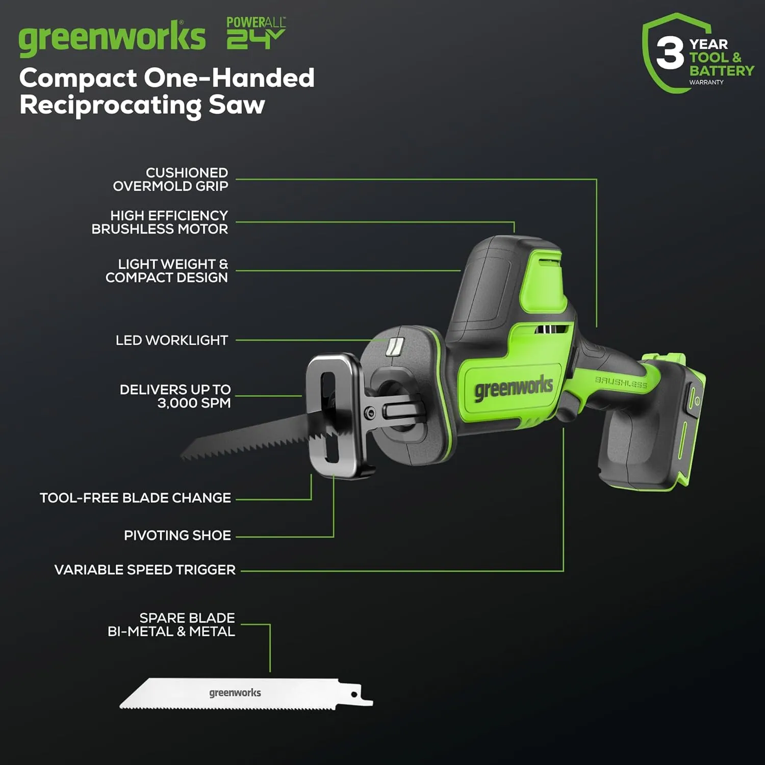 Greenworks 24V Brushless 1" Compact One-Handed Reciprocating Saw (3,000 SPM), Cordless Powered Variable Speed Recip Saw, Battery Not Included