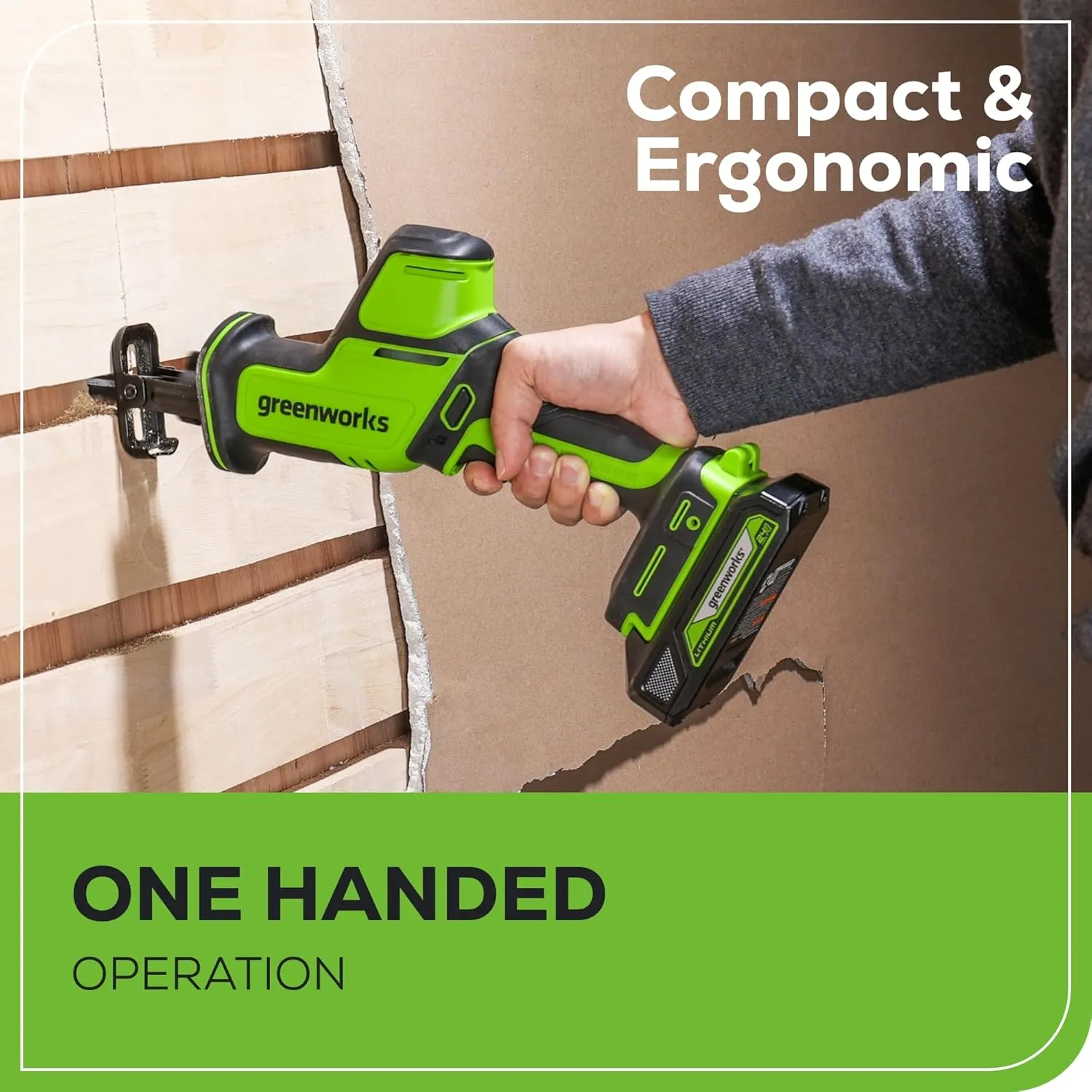 Greenworks 24V Brushless 1" Compact One-Handed Reciprocating Saw (3,000 SPM), Cordless Powered Variable Speed Recip Saw, Battery Not Included