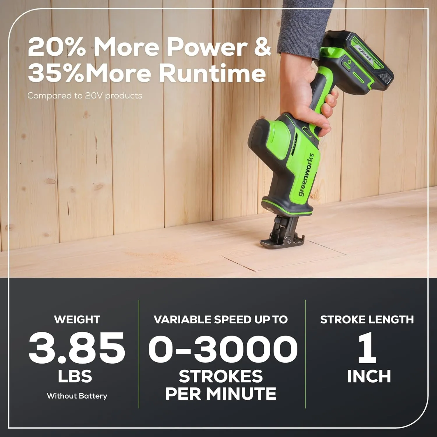 Greenworks 24V Brushless 1" Compact One-Handed Reciprocating Saw (3,000 SPM), Cordless Powered Variable Speed Recip Saw, Battery Not Included