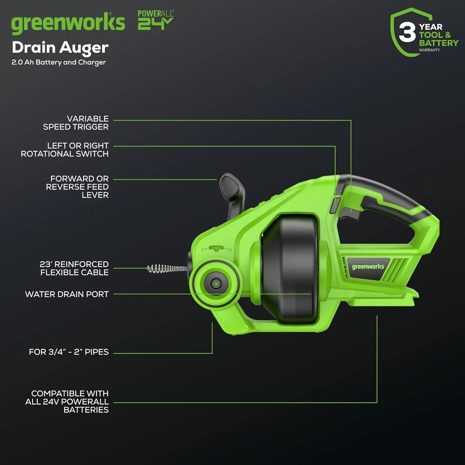 Greenworks 24V Cordless Plumbing Drain Auger / Snake (23-FT / 560 RPM) For Unclogging Sinks, Shower Drains, Toilets, and More! (3/4"-2" Pipes), 2.0Ah Battery and Charger Included
