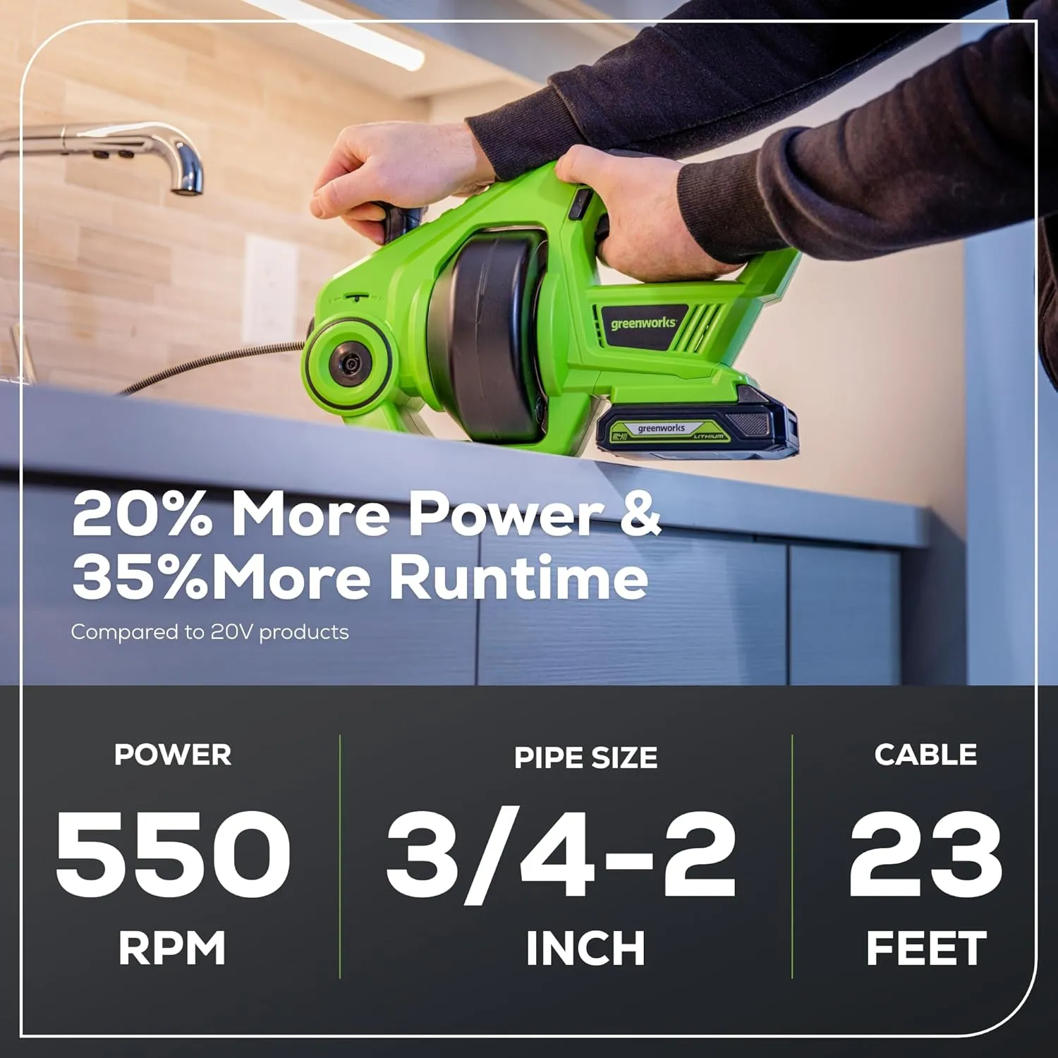 Greenworks 24V Cordless Plumbing Drain Auger / Snake (23-FT / 560 RPM) For Unclogging Sinks, Shower Drains, Toilets, and More! (3/4"-2" Pipes), 2.0Ah Battery and Charger Included