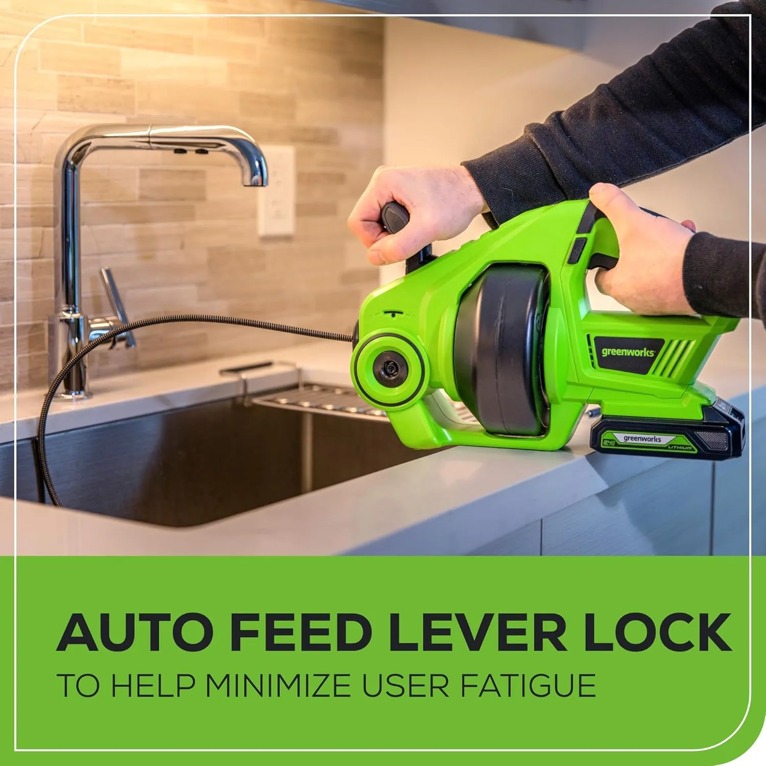 Greenworks 24V Cordless Plumbing Drain Auger / Snake (23-FT / 560 RPM) For Unclogging Sinks, Shower Drains, Toilets, and More! (3/4"-2" Pipes), 2.0Ah Battery and Charger Included