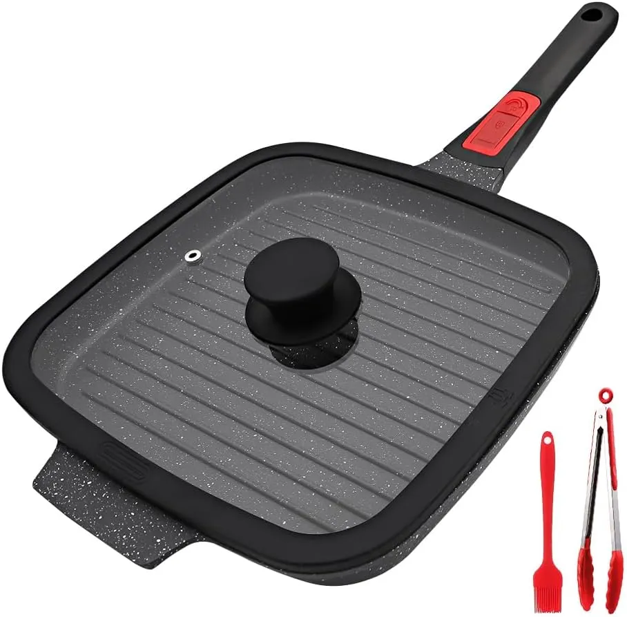 Griddle Pan with Lid, 10 Inch Cast Aluminium Non Stick Grill Pan with Detachable Handle for Induction Hob, Black