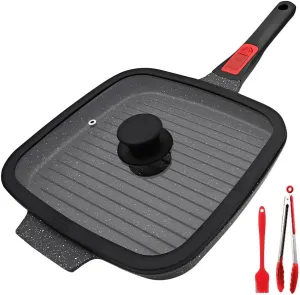 Griddle Pan with Lid, 10 Inch Cast Aluminium Non Stick Grill Pan with Detachable Handle for Induction Hob, Black