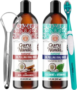 GuruNanda Coconut Oil Pulling and Ashwagandha Oil Pulling, Promotes Fresh Breath and Happy Gums, 7 Essential Oils & Vitamins for Healthy Teeth & Gums, Alcohol-Free