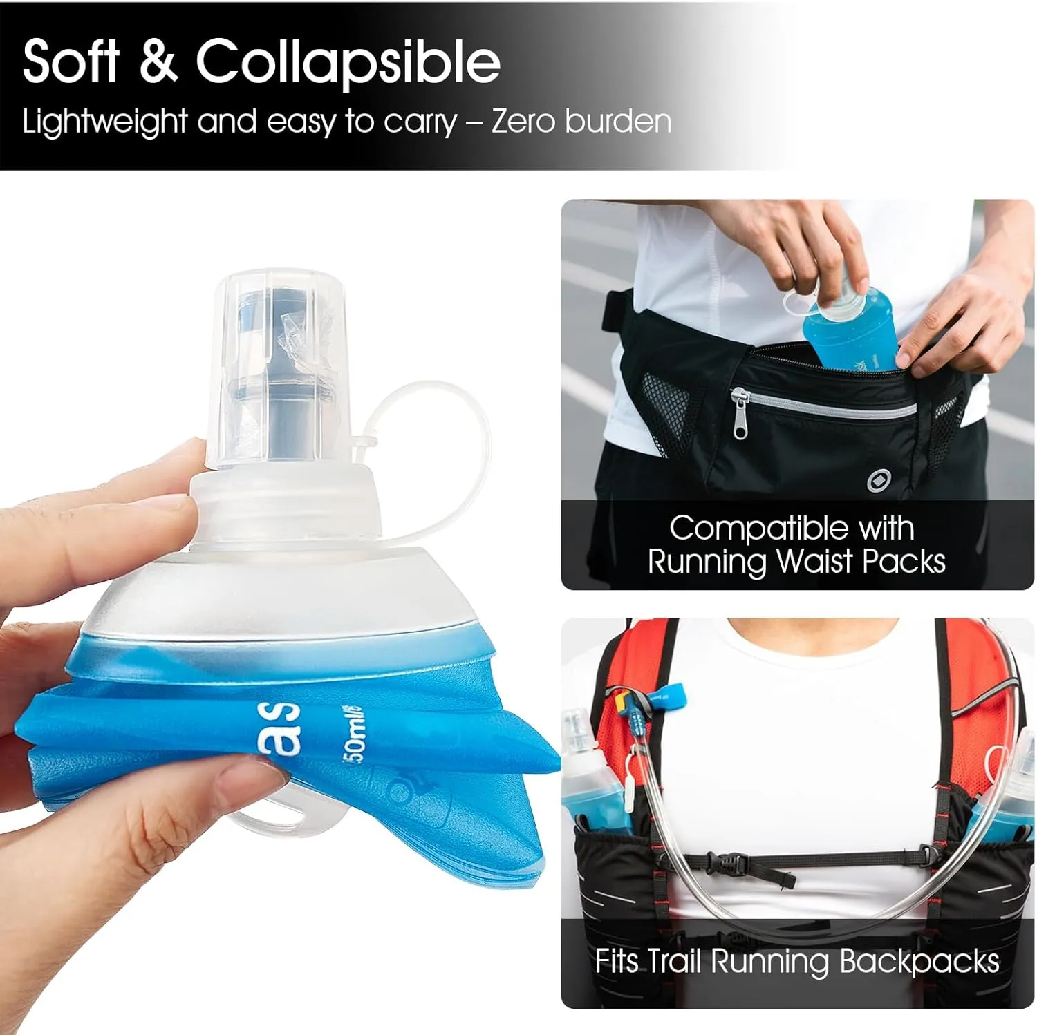 GYGYL Soft Flask, TPU Collapsible Soft Water Bottle for Hydration Pack, Running Vest, Leak-Proof Folding Water Bottle for Hiking Cycling Climbing Jogging-500ml Blue, 2pcs