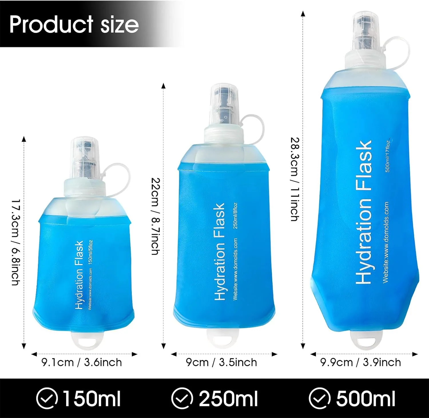 GYGYL Soft Flask, TPU Collapsible Soft Water Bottle for Hydration Pack, Running Vest, Leak-Proof Folding Water Bottle for Hiking Cycling Climbing Jogging-500ml Blue, 2pcs