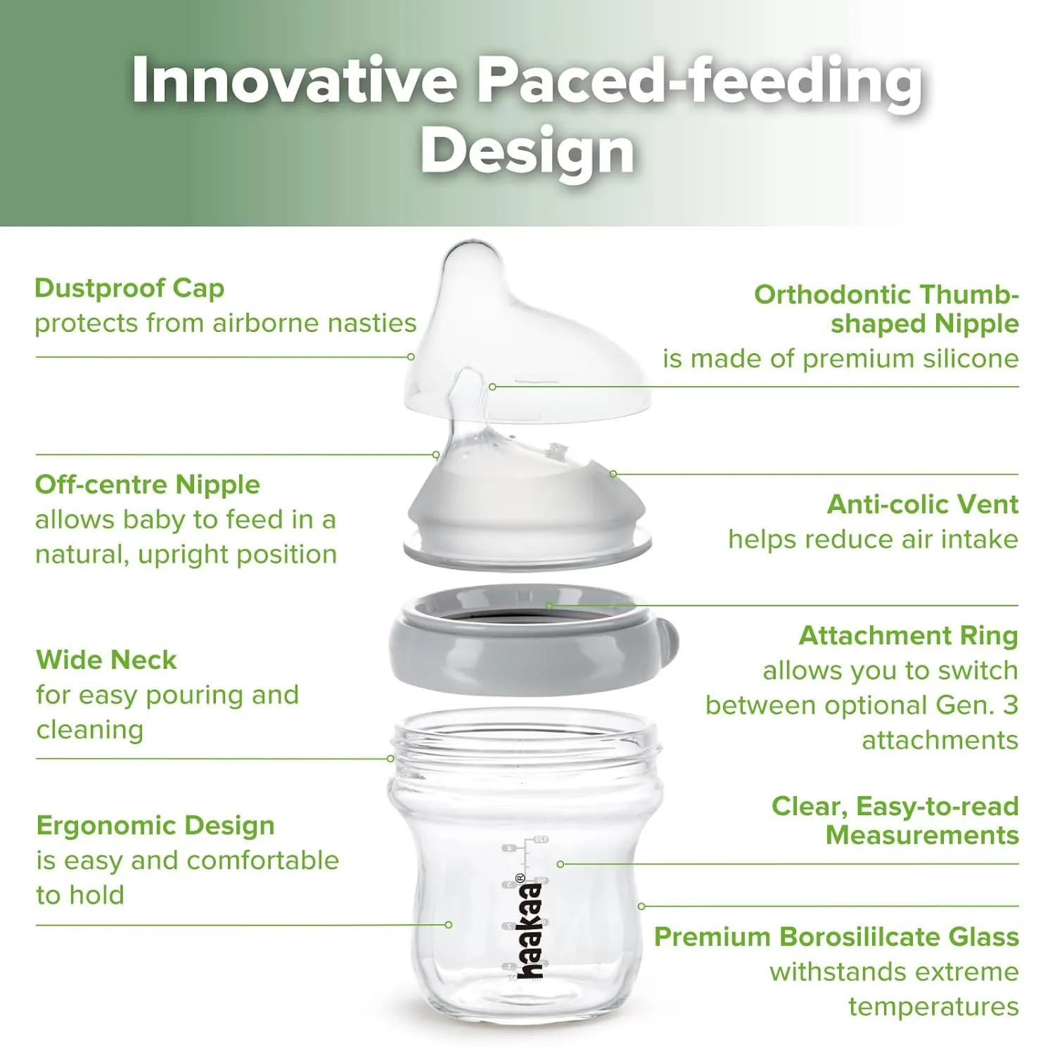 haakaa Gen.3 Natural Glass Baby Bottle 4.2oz/120ml - Wide Neck Anti-Colic Slow Flow Nipple for 0M  Breastfed Baby, Newborn Registry Essentials,BPA-Free - 1 PK