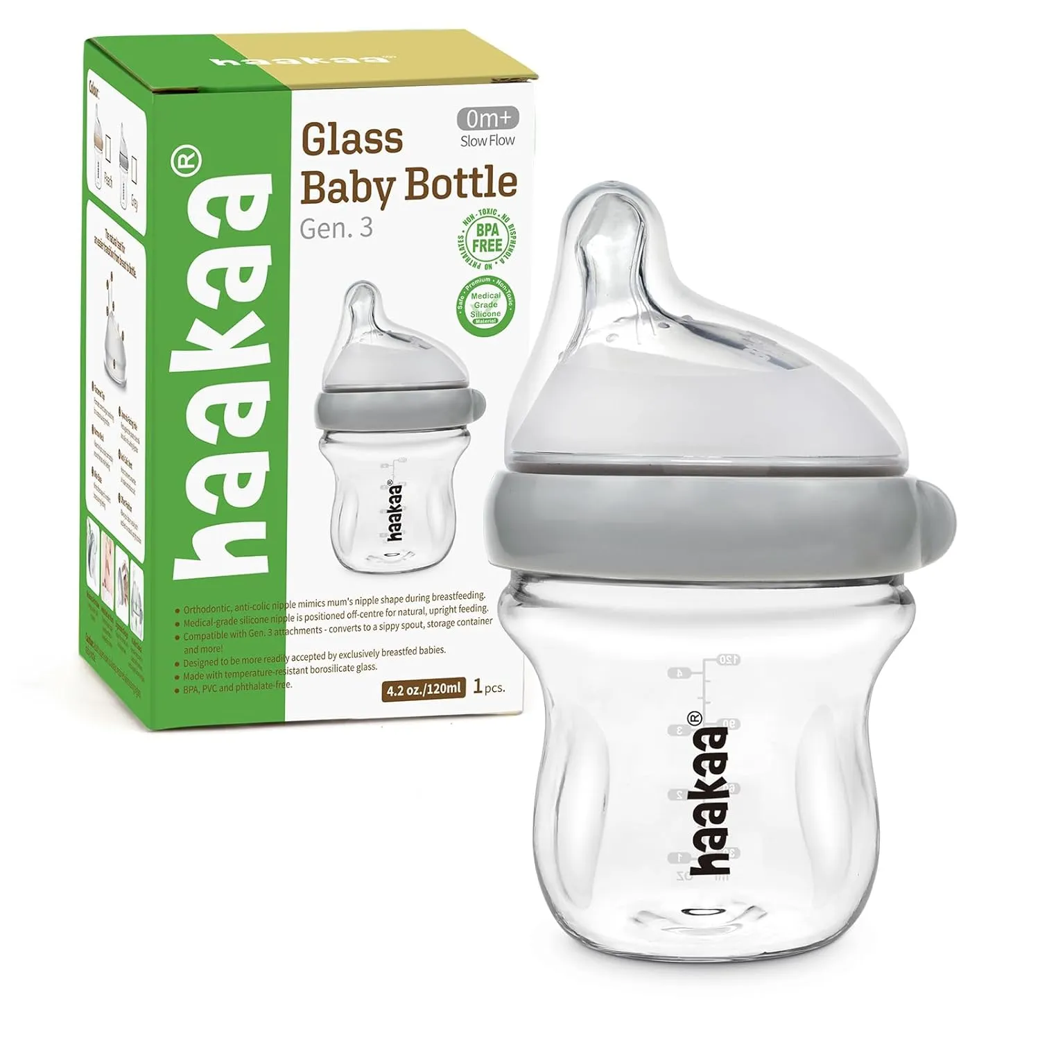 haakaa Gen.3 Natural Glass Baby Bottle 4.2oz/120ml - Wide Neck Anti-Colic Slow Flow Nipple for 0M  Breastfed Baby, Newborn Registry Essentials,BPA-Free - 1 PK