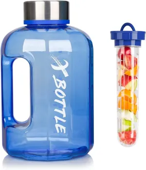 Half Gallon Water Bottle with Infuser, BPA Free 84oz Large Water Bottle Dishwasher Safe Hydration with Motivational Time Mark Leak-Proof 2.5L Sports Water Bottle for Camping Sports Workouts(Blue)
