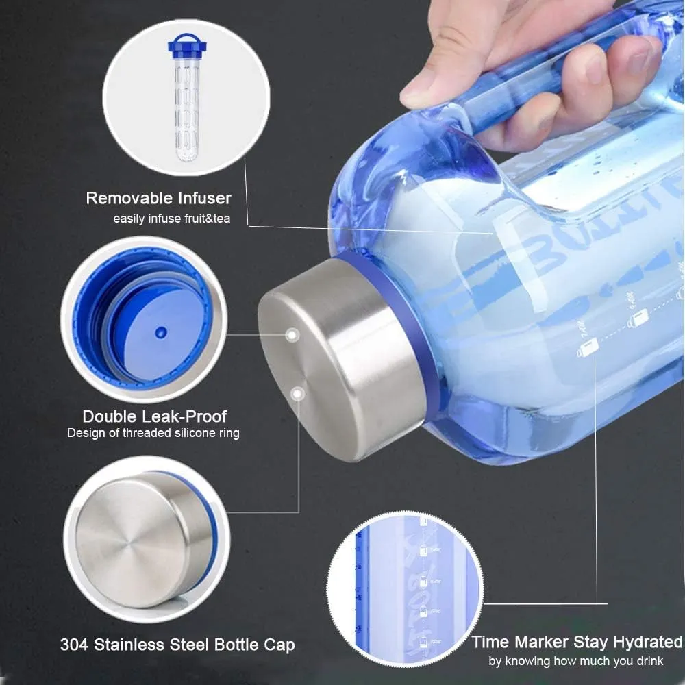 Half Gallon Water Bottle with Infuser, BPA Free 84oz Large Water Bottle Dishwasher Safe Hydration with Motivational Time Mark Leak-Proof 2.5L Sports Water Bottle for Camping Sports Workouts(Blue)