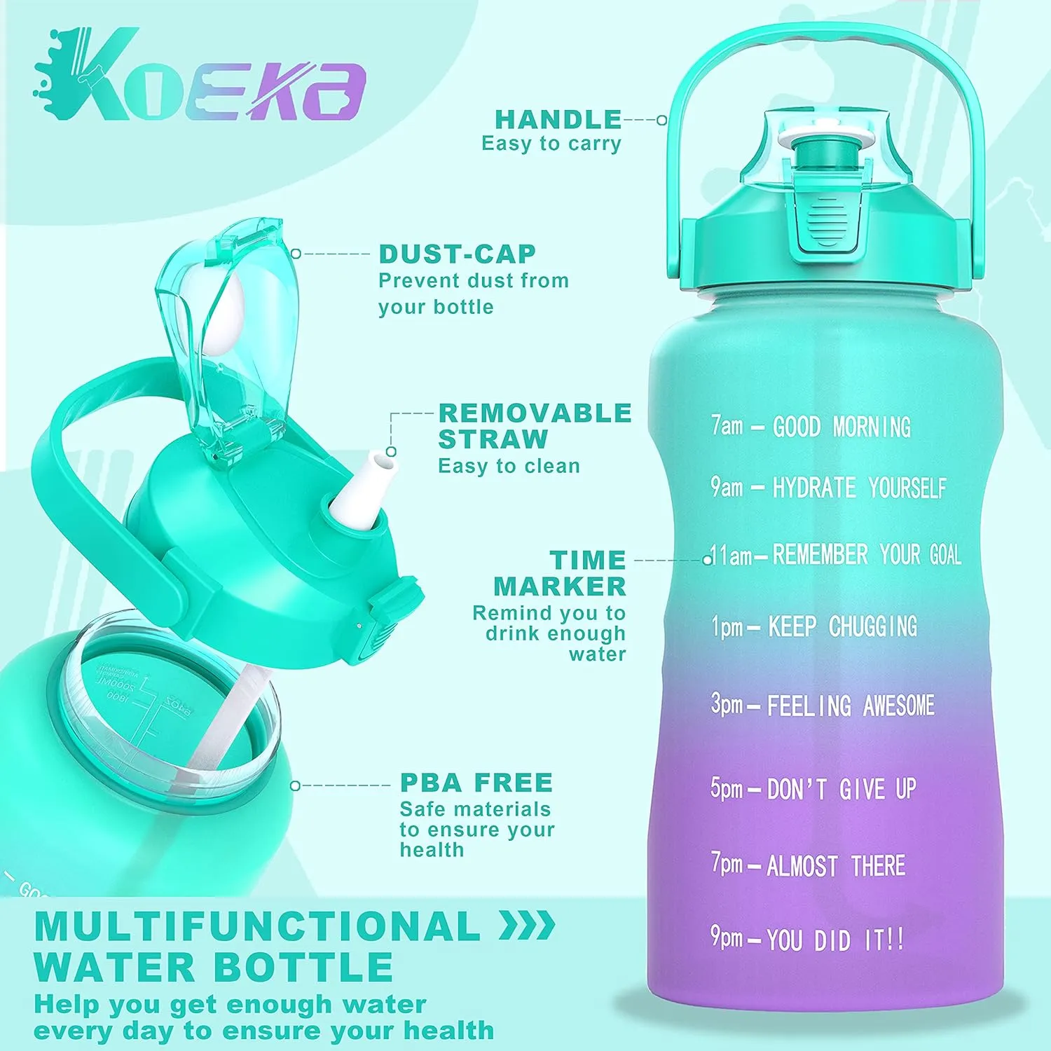 Half Gallon/64oz Water Bottle With Motivational Time Marker & Handle, Leak proof BPA Free Fitness Sports Water Jug, Ensure You Drink Enough Water Daily for Gym and Outdoor Sports(Green Purple)