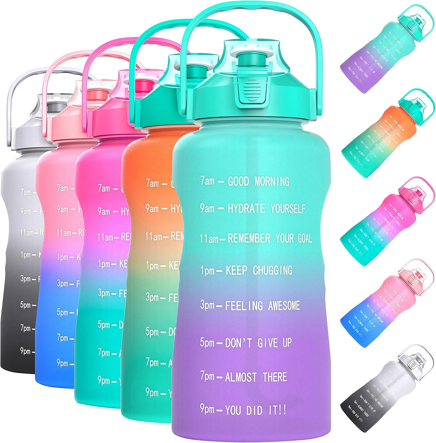 Half Gallon/64oz Water Bottle With Motivational Time Marker & Handle, Leak proof BPA Free Fitness Sports Water Jug, Ensure You Drink Enough Water Daily for Gym and Outdoor Sports(Green Purple)