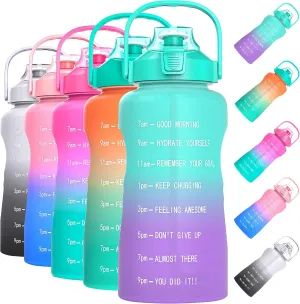 Half Gallon/64oz Water Bottle With Motivational Time Marker & Handle, Leak proof BPA Free Fitness Sports Water Jug, Ensure You Drink Enough Water Daily for Gym and Outdoor Sports(Green Purple)