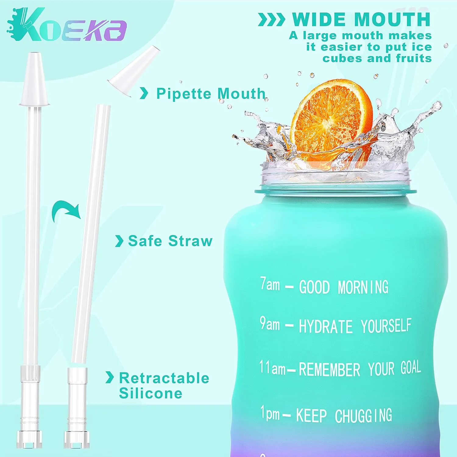 Half Gallon/64oz Water Bottle With Motivational Time Marker & Handle, Leak proof BPA Free Fitness Sports Water Jug, Ensure You Drink Enough Water Daily for Gym and Outdoor Sports(Green Purple)