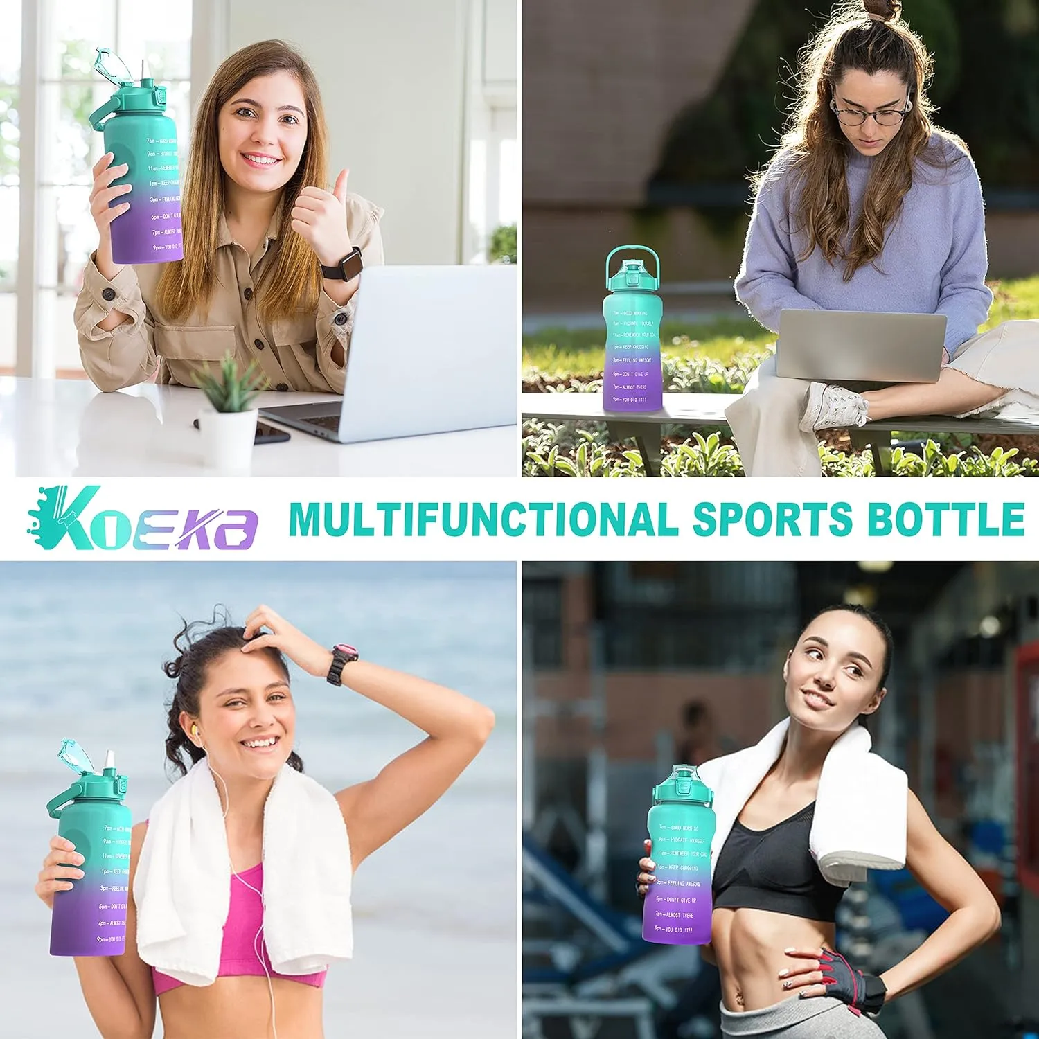 Half Gallon/64oz Water Bottle With Motivational Time Marker & Handle, Leak proof BPA Free Fitness Sports Water Jug, Ensure You Drink Enough Water Daily for Gym and Outdoor Sports(Green Purple)