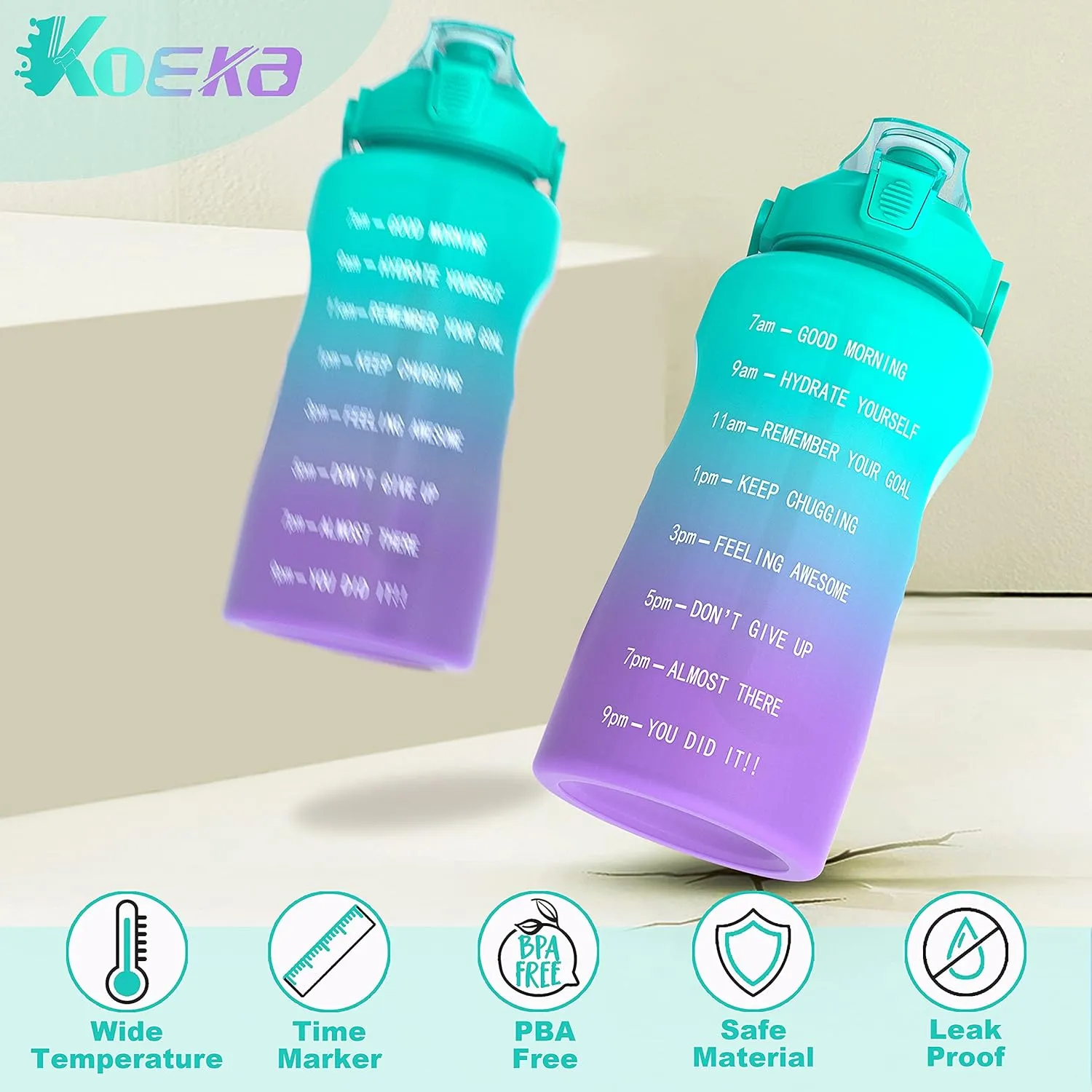 Half Gallon/64oz Water Bottle With Motivational Time Marker & Handle, Leak proof BPA Free Fitness Sports Water Jug, Ensure You Drink Enough Water Daily for Gym and Outdoor Sports(Green Purple)