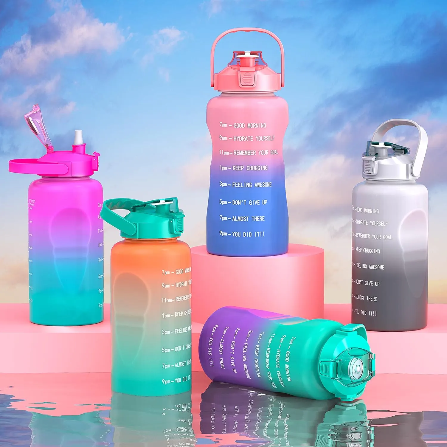 Half Gallon/64oz Water Bottle With Motivational Time Marker & Handle, Leak proof BPA Free Fitness Sports Water Jug, Ensure You Drink Enough Water Daily for Gym and Outdoor Sports(Green Purple)