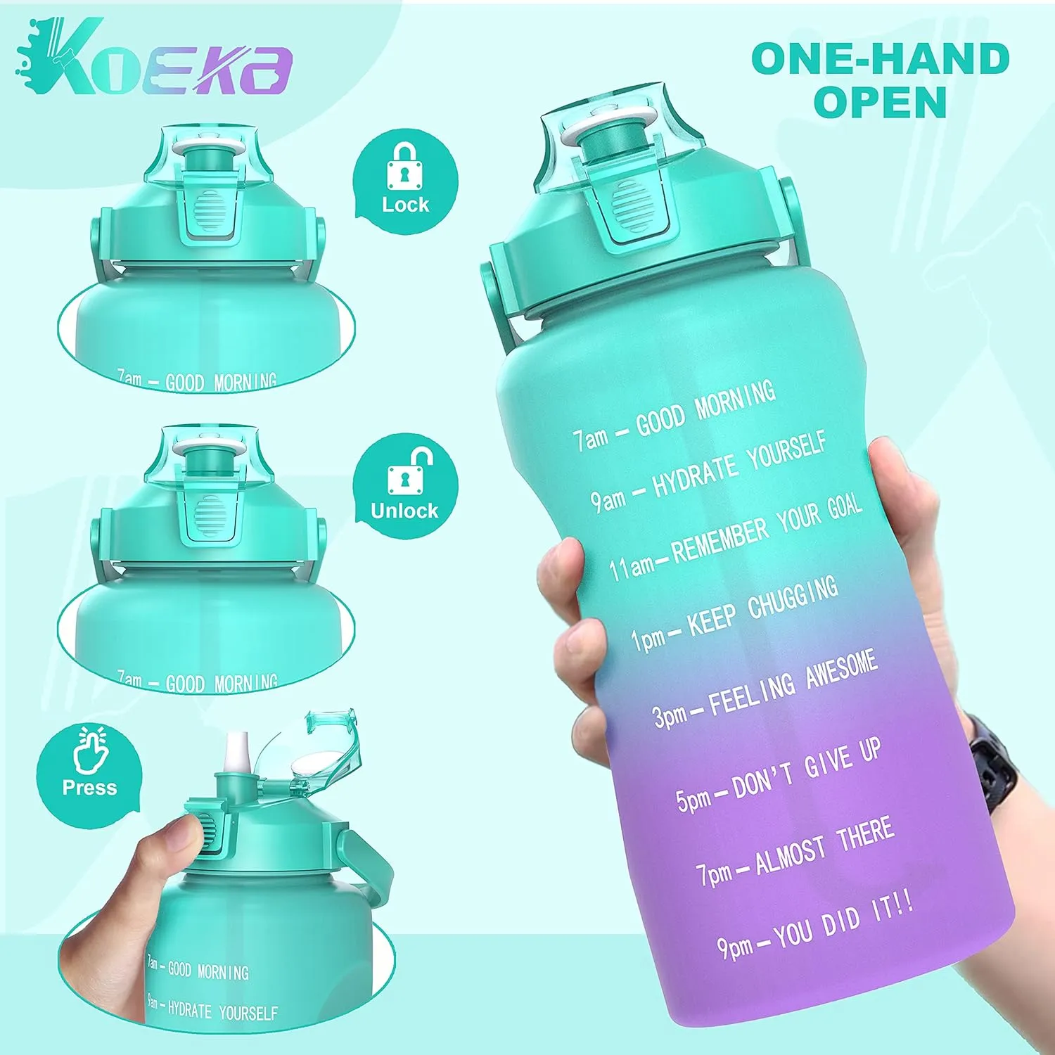 Half Gallon/64oz Water Bottle With Motivational Time Marker & Handle, Leak proof BPA Free Fitness Sports Water Jug, Ensure You Drink Enough Water Daily for Gym and Outdoor Sports(Green Purple)