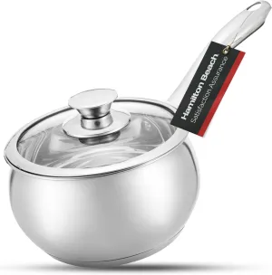 Hamilton Beach Sauce Pan Stainless Steel 2 Quart with Glass Lid, Ergonomic Handle, Multipurpose Sauce Pan with Lid, Small Pot for Cooking