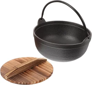HANABASS Japanese Iron Camping Pot with Wooden Lid Multi-use Nonstick Cooking Boiler for Outdoor Cooking Cast Iron Design Temperature Resistant for Soups and Stews