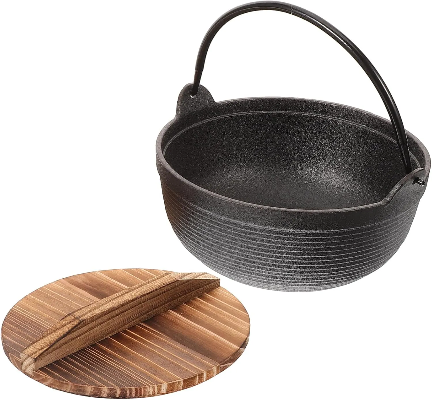 HANABASS Japanese Iron Camping Pot with Wooden Lid Multi-use Nonstick Cooking Boiler for Outdoor Cooking Cast Iron Design Temperature Resistant for Soups and Stews