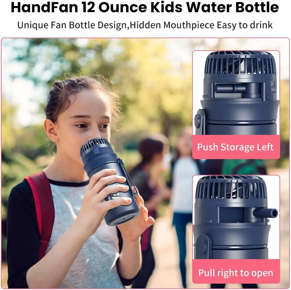 HandFan Kids Water Bottle With Fan | tainless Steel Sports Water Bottles Flask with Straw/Handle, Leak Proof Vacuum Stainless Water Jug,Stickers for School - 12oz