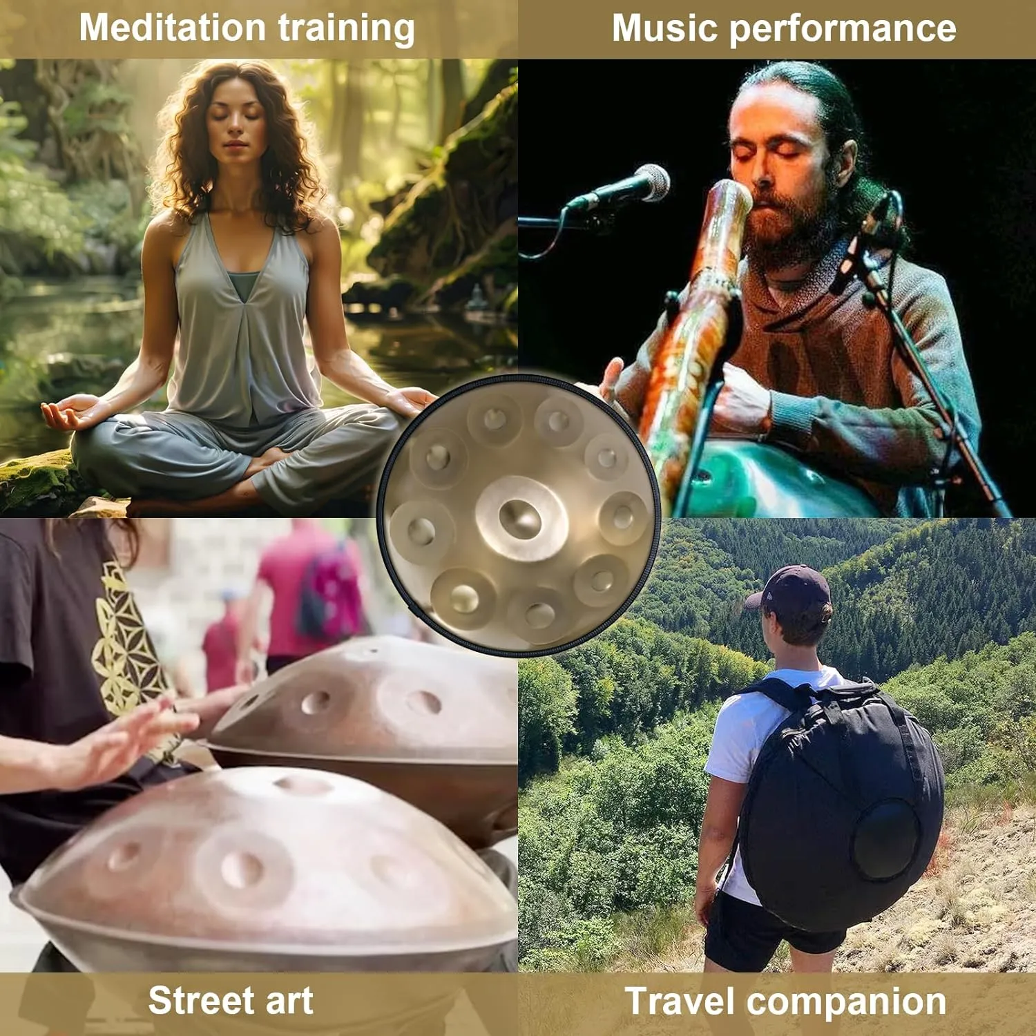 Handpan Drum 22 Inches D Minor Kurd, 432Hz 10 Notes Hand Drum Instrument, Premium Steel Drum, Handpan Instrument for Adults (Gold)