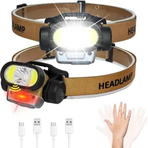 Headlamps, 2 Pack Built-in 2000mah Battery Rechargeable Flashlight Motion Sensor, Widebeam Bright Headband Lightweight Waterproof for Outdoor Running Camping Hiking Hunting