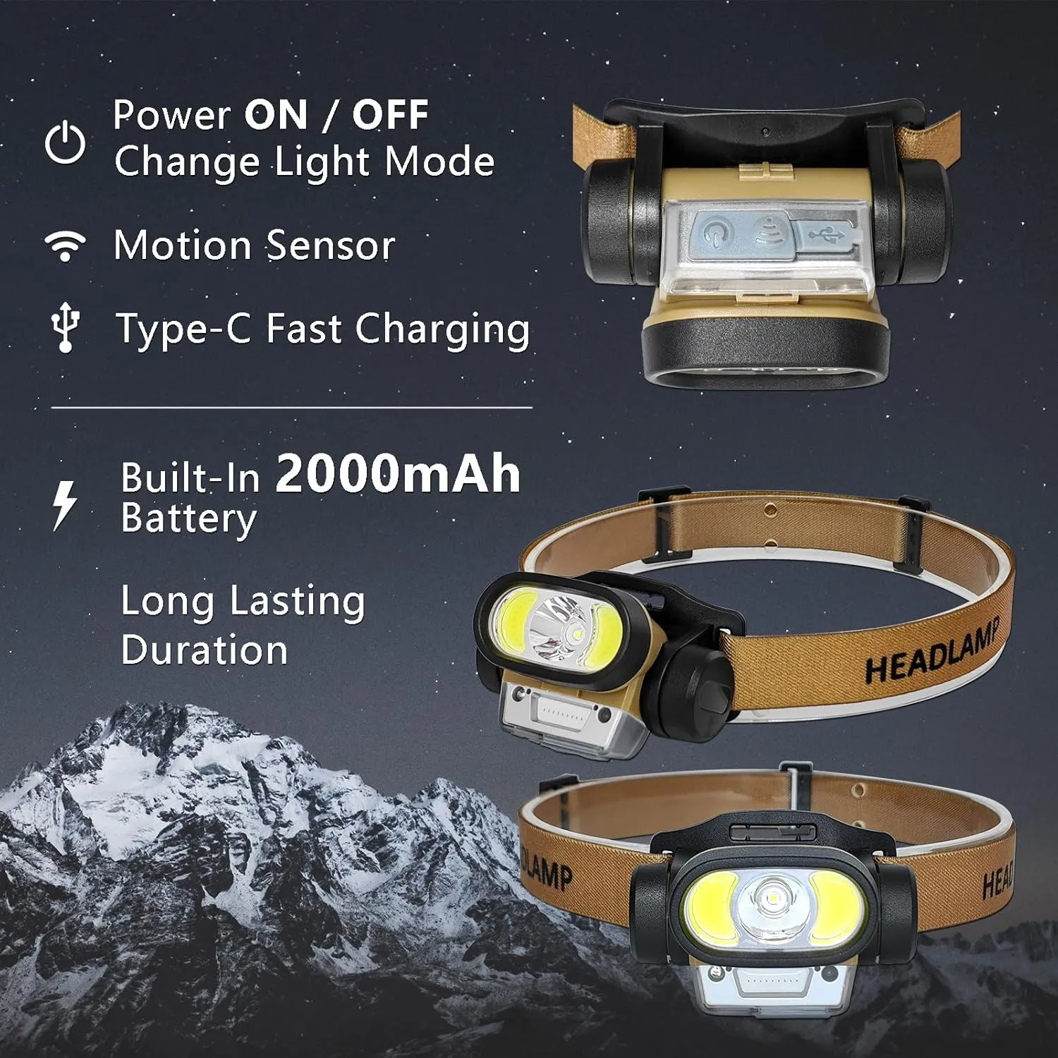 Headlamps, 2 Pack Built-in 2000mah Battery Rechargeable Flashlight Motion Sensor, Widebeam Bright Headband Lightweight Waterproof for Outdoor Running Camping Hiking Hunting