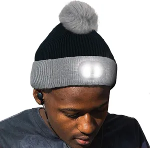 Headlightz by Roq Innovation - POM POM Beanie with Light, Unisex LED Beanie Hat with Light Built in, Rechargeable