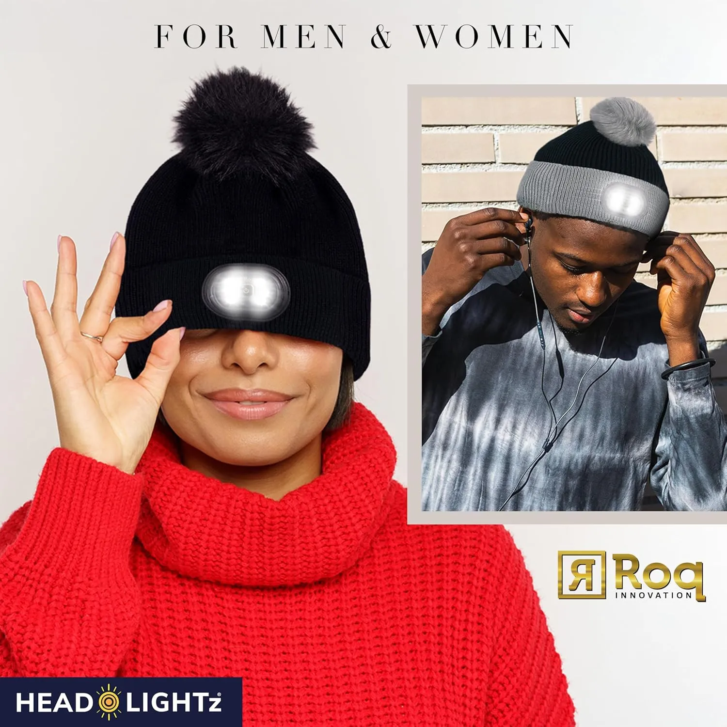 Headlightz by Roq Innovation - POM POM Beanie with Light, Unisex LED Beanie Hat with Light Built in, Rechargeable