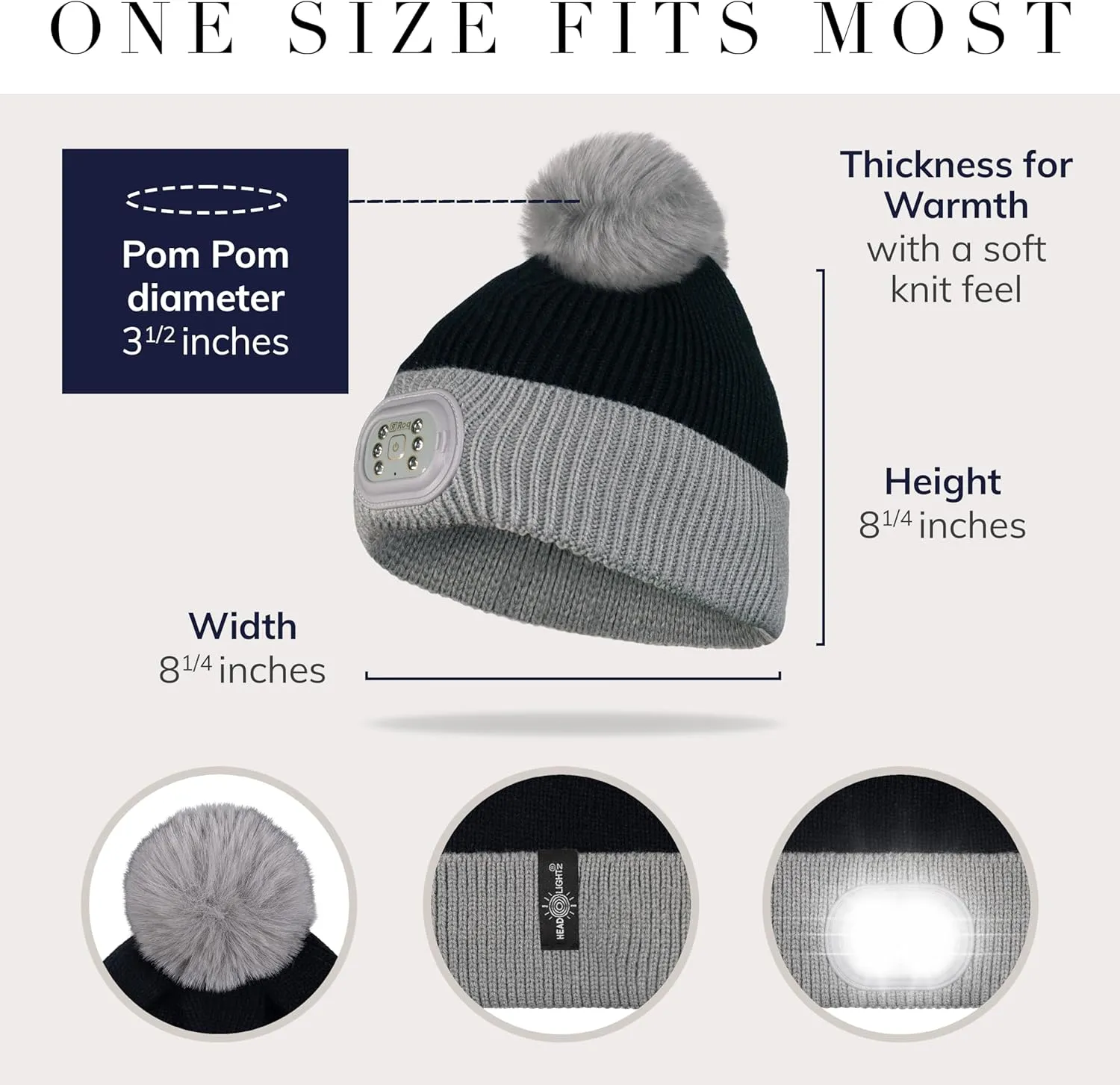 Headlightz by Roq Innovation - POM POM Beanie with Light, Unisex LED Beanie Hat with Light Built in, Rechargeable