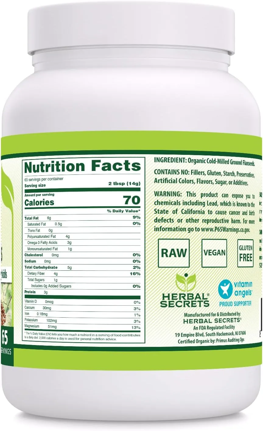 Herbal Secrets USDA Organic Ground Flaxseeds 2 Lbs Powder | 14 Grams Per Serving | 65 Servings | Excellent Vegan Source of Fiber & Omega -3 Fatty Acids | Non-GMO (2 Lb | 1 Pack)