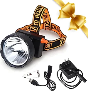 Hiking Headlamp LED Work Head Lamp Waterproof Headlight Flashlight, 90° Angle Adjustable Cordless Rechargeable Hunting Headlamp for Diving, Running, Camping, Fishing